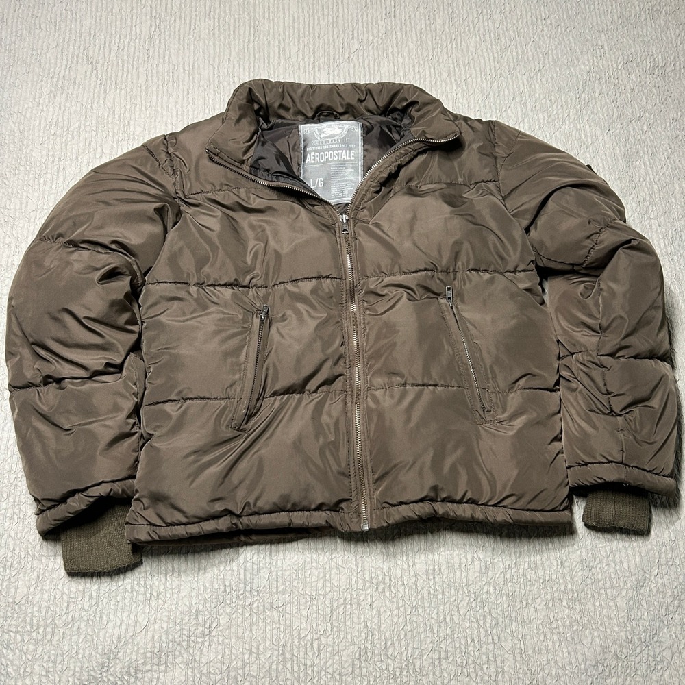 Aeropostale A87 Mens Puffer Jacket Brown Full Zip Quilted Insulated Large